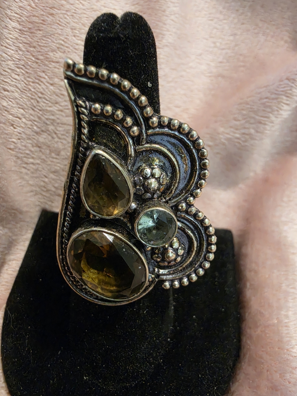 Vintage Sterling Ring with Olive and Teal Gemstones
